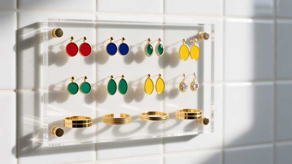 Clear acrylic wall earring organizer on a white tiled wall, showcasing colorful enamel studs and delicate gold cartilage cuffs.