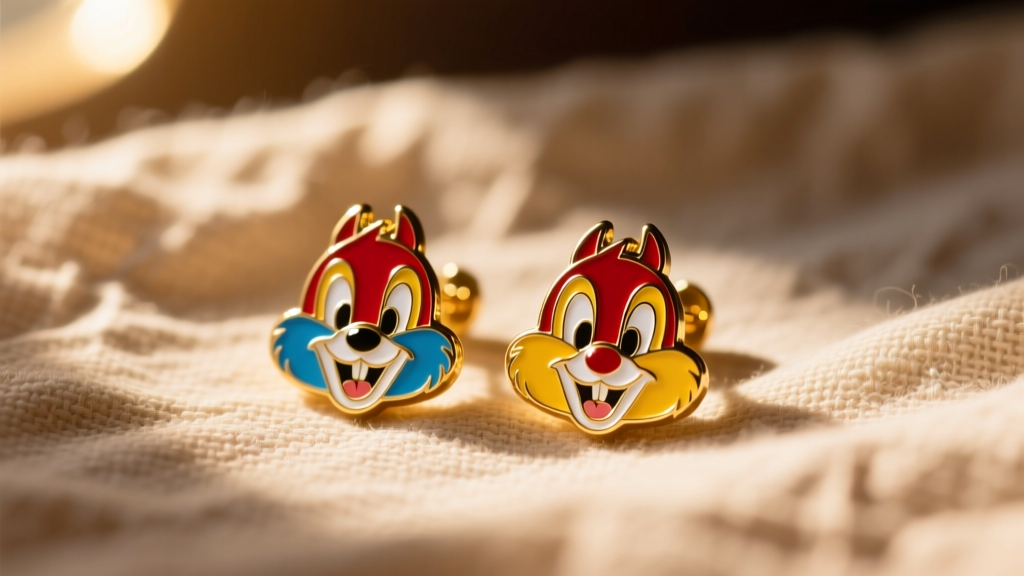 Macro photography of vintage 1990s Disney enamel Chip and Dale stud earrings resting on a textured linen cloth with warm sunlight