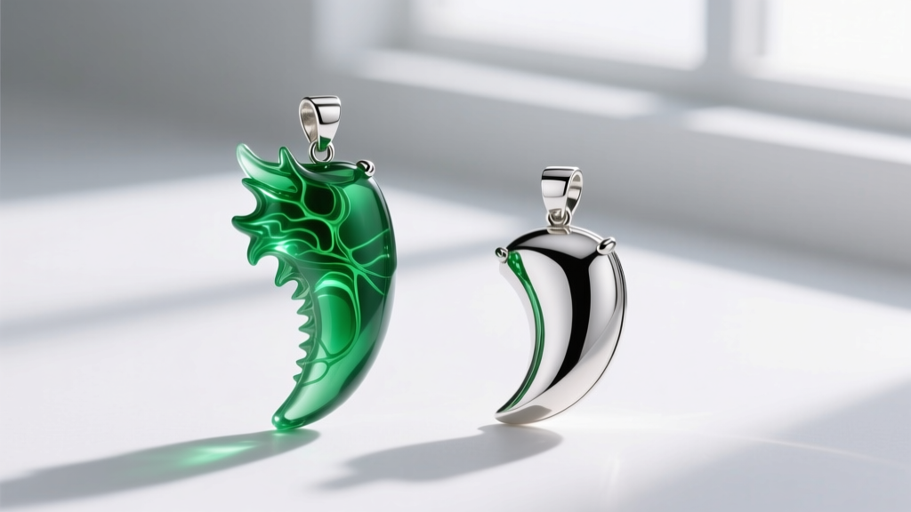 Macro shot comparing a translucent green resin dragon tooth pendant next to a highly polished sterling silver cast version