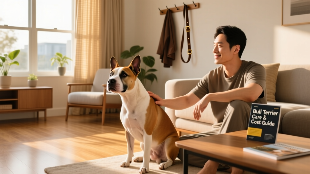 A calm Bull Terrier sitting beside a person in a sunlit living room