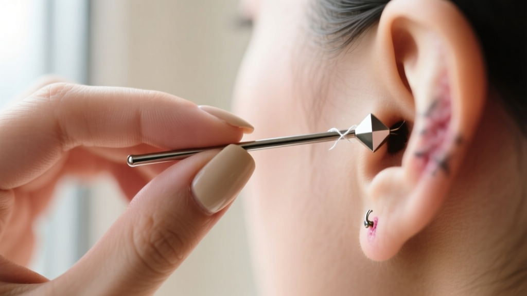 Close-up of fingers bending a threadless flat back labret pin at a slight angle before insertion into a healed cartilage piercing.