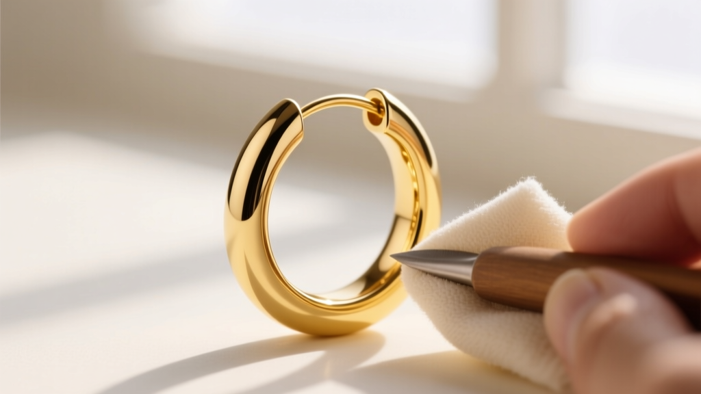 Close-up of a 14k solid gold seamless hoop earring being polished with a cloth, highlighting the warm yellow metallic luster.