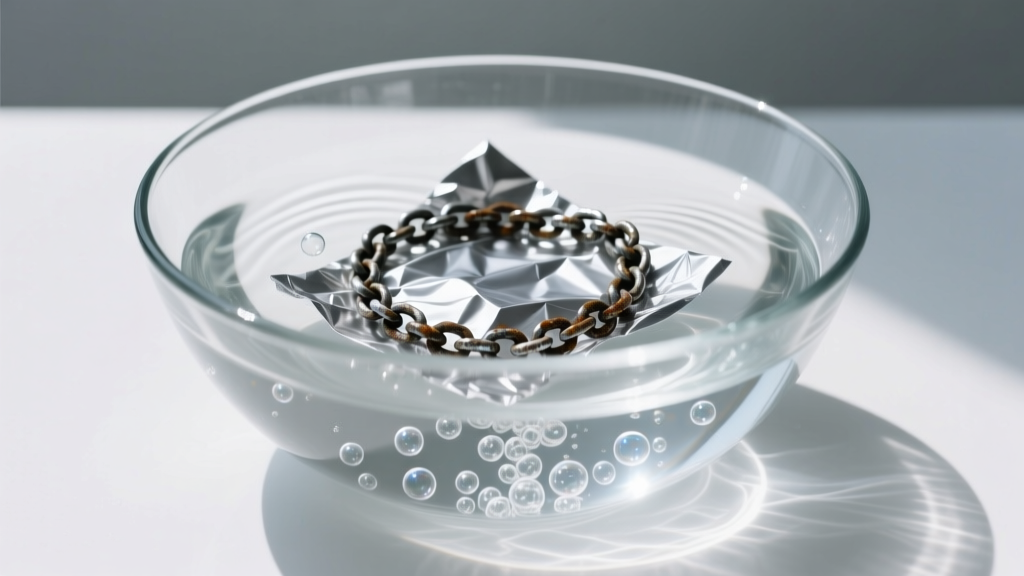 Glass bowl with an aluminum foil bath and water, actively bubbling around a submerged, heavily tarnished silver chain necklace.
