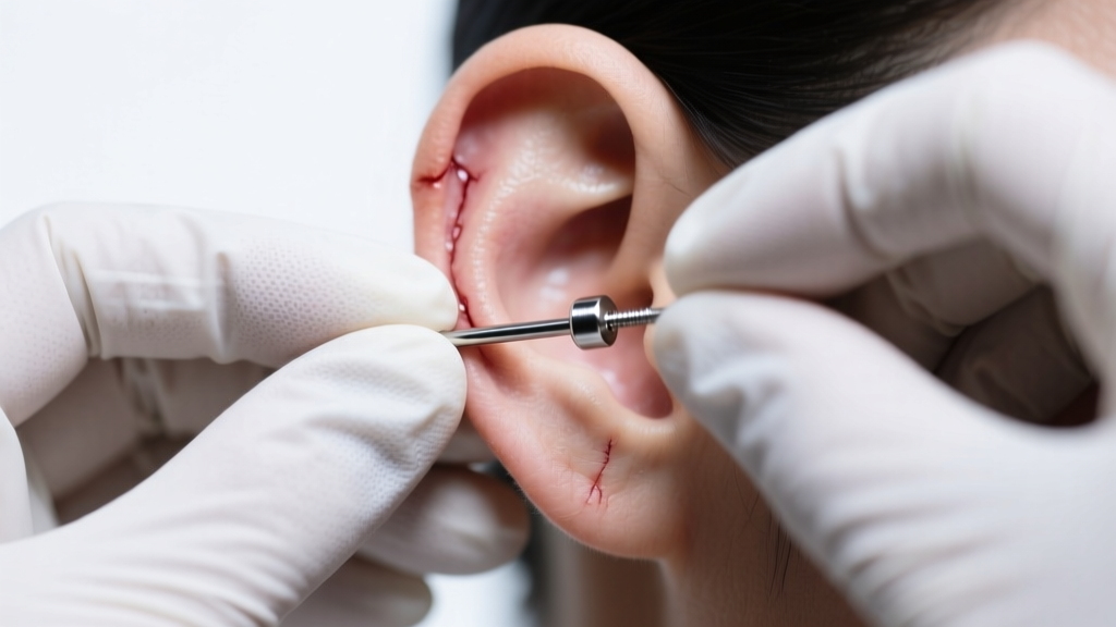 Gloved hands gently inserting an 18-gauge implant-grade titanium labret stud into a healed earlobe under bright clinical lighting.