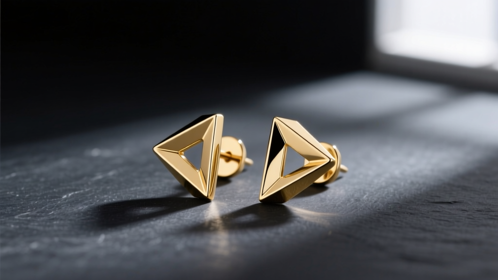 Minimalist 18k gold Tanishq Aleah geometric stud earrings on dark slate, showcasing sleek modern lines and a high-polish finish.