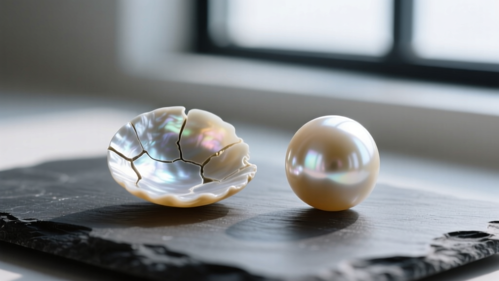 Macro photography comparing a peeling low-nacre freshwater pearl next to a high-luster 9mm Akoya pearl on a dark slate surface