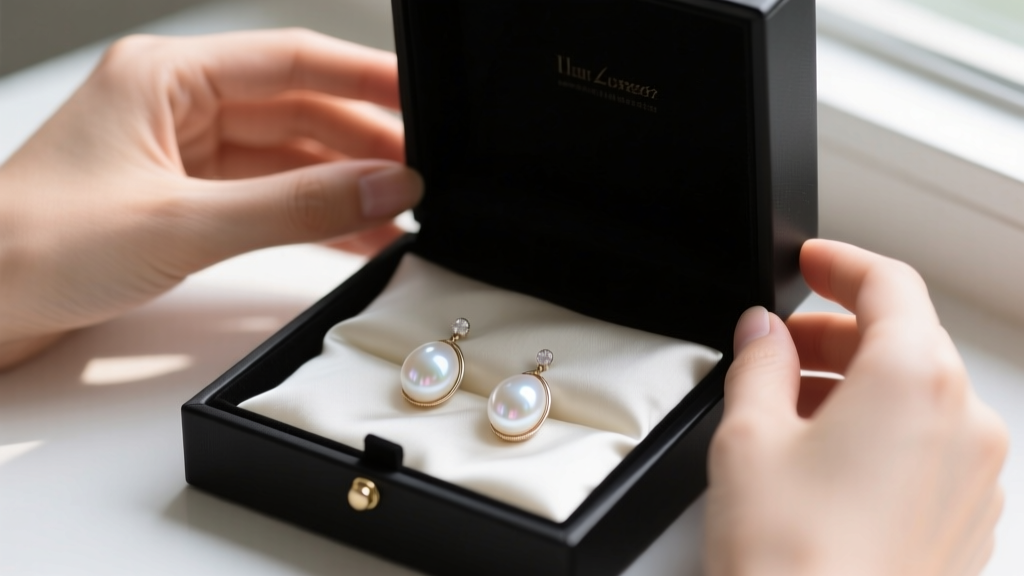 Hands opening a matte black luxury jewelry box to reveal a pair of luminous white freshwater pearl oval drop earrings on silk