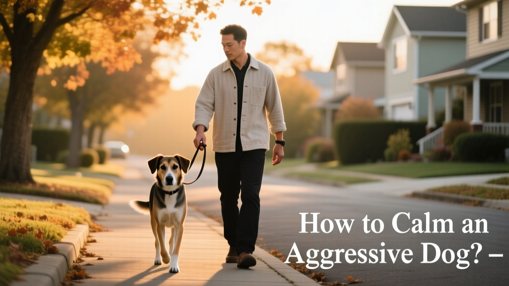 A calm, confident handler gently guiding a medium-sized dog on a quiet street, both focused and relaxed