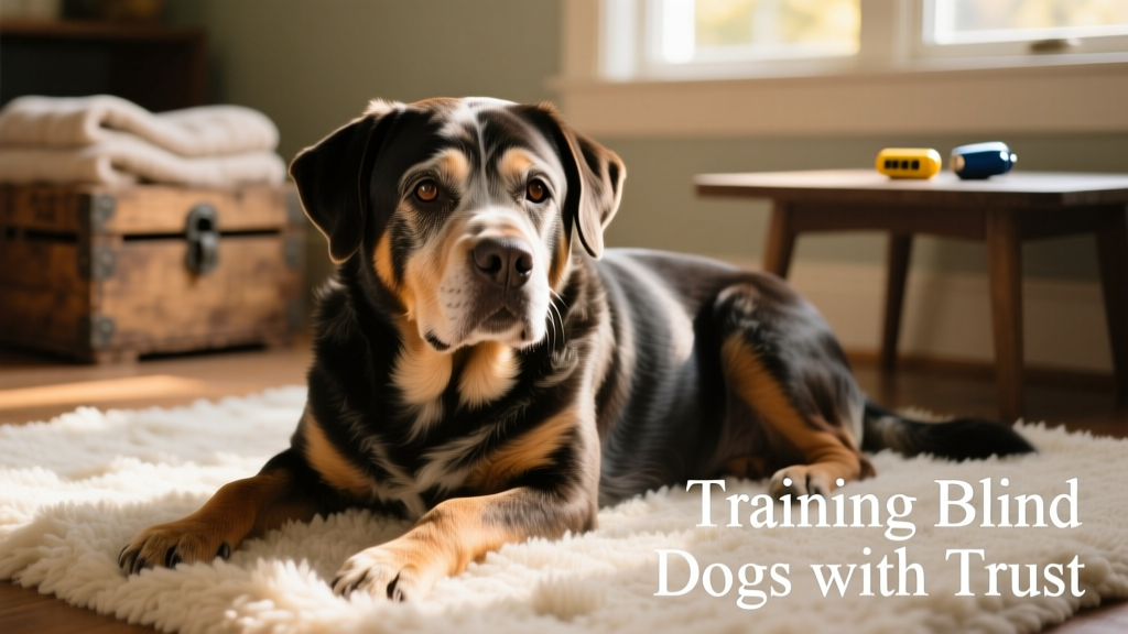 A gentle close-up of a senior Rottweiler resting calmly on a soft rug, head slightly tilted as if listening intently