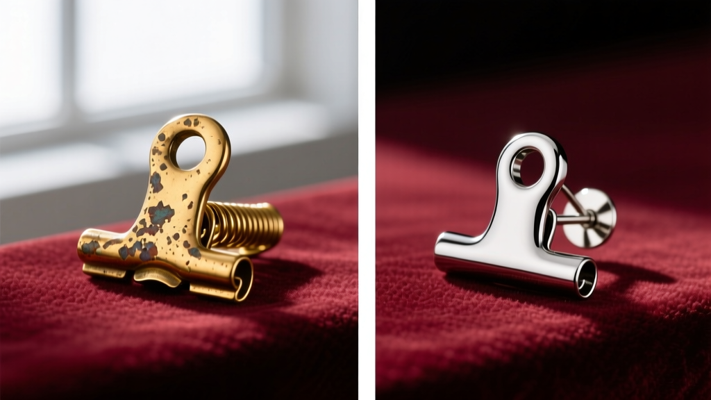 Side-by-side comparison of tarnished brass spring clip and polished 316L stainless steel screw-back earring clip on velvet