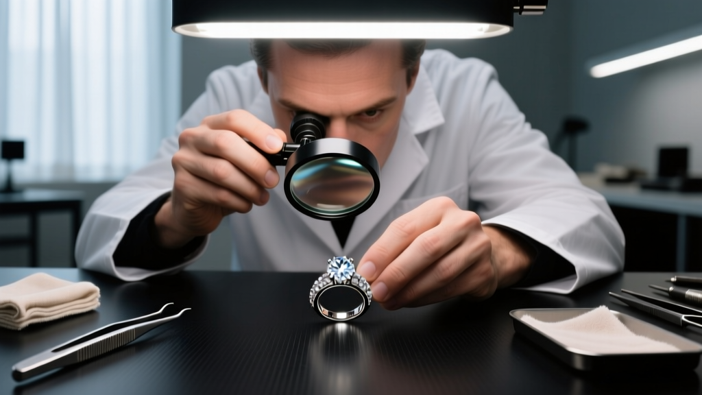 Jeweler using a loupe to inspect prongs of a Van Betts fine jewelry ring under bright LED lighting at a professional workbench