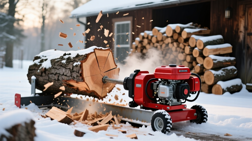 Red gas-powered hydraulic log splitter processing large oak logs in a snowy driveway with stacked firewood in background.