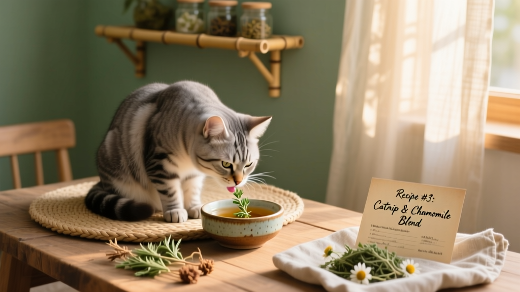 A serene indoor scene showing a relaxed cat gently lapping catnip tea from a small ceramic dish