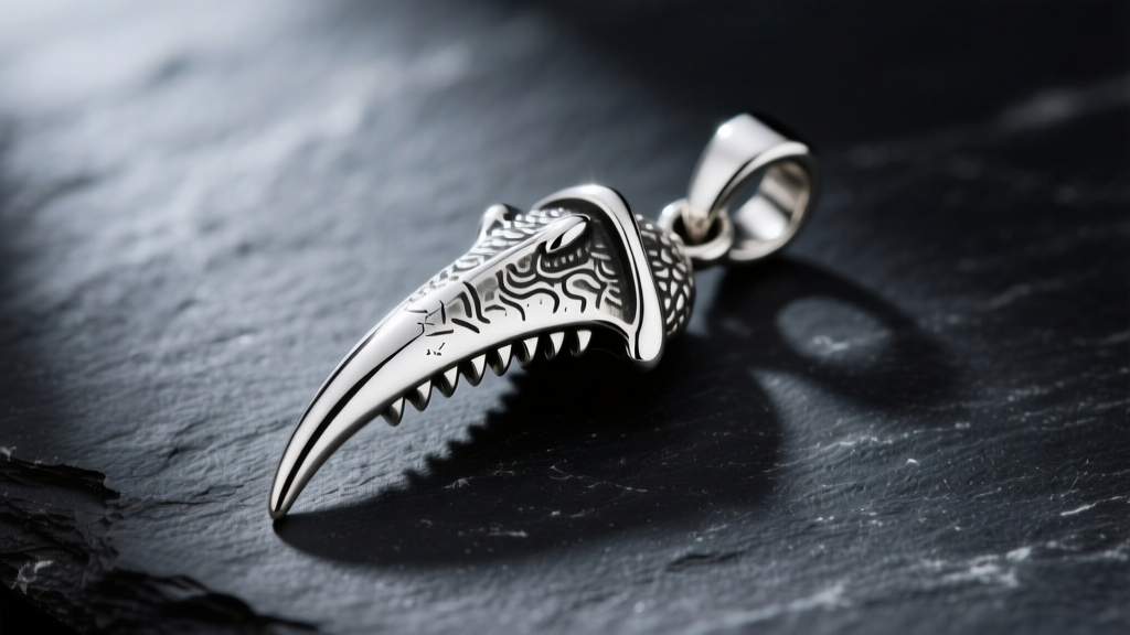 Polished 925 sterling silver velociraptor claw pendant on dark slate, highlighting the curved ungual shape and realistic textures.