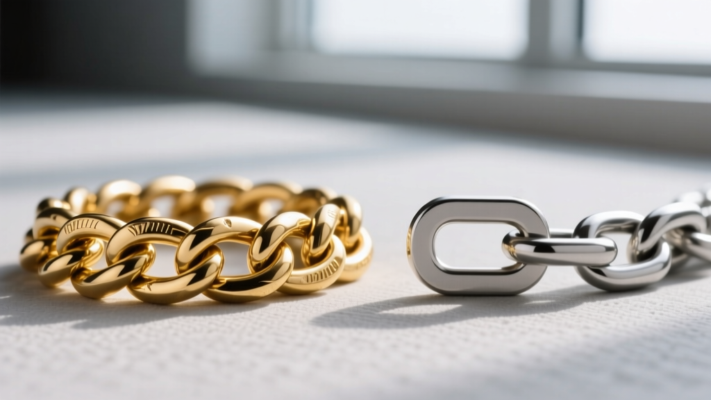 Macro shot of a heavy 14k gold curb chain link beside a lightweight anodized aluminum chain link, highlighting metal density