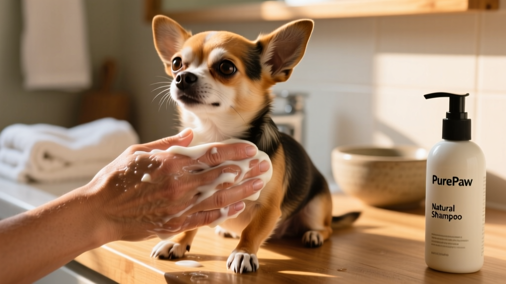 Close-up of a gentle hand lathering a Chihuahua’s coat with a creamy, natural shampoo