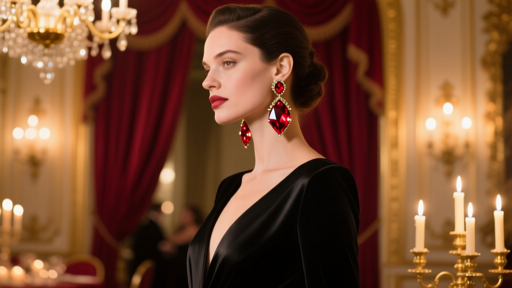 Side profile of a woman wearing gold vermeil red crystal chandelier earrings catching warm candlelight at an elegant evening event.