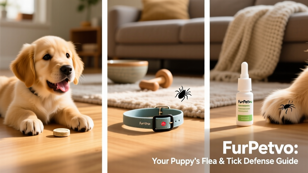 Side-by-side comparison of three FurPetVo preventive products: chewable tablet, collar, and topical applicator
