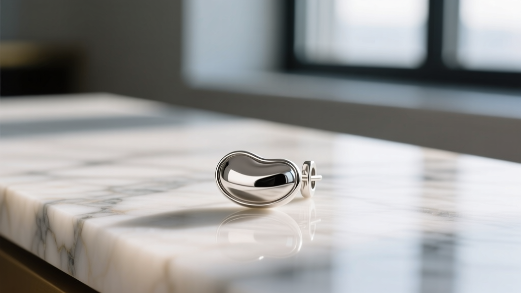 Close-up of a 20-gauge sterling silver Elsa Peretti bean earring resting on a polished marble surface with soft natural lighting