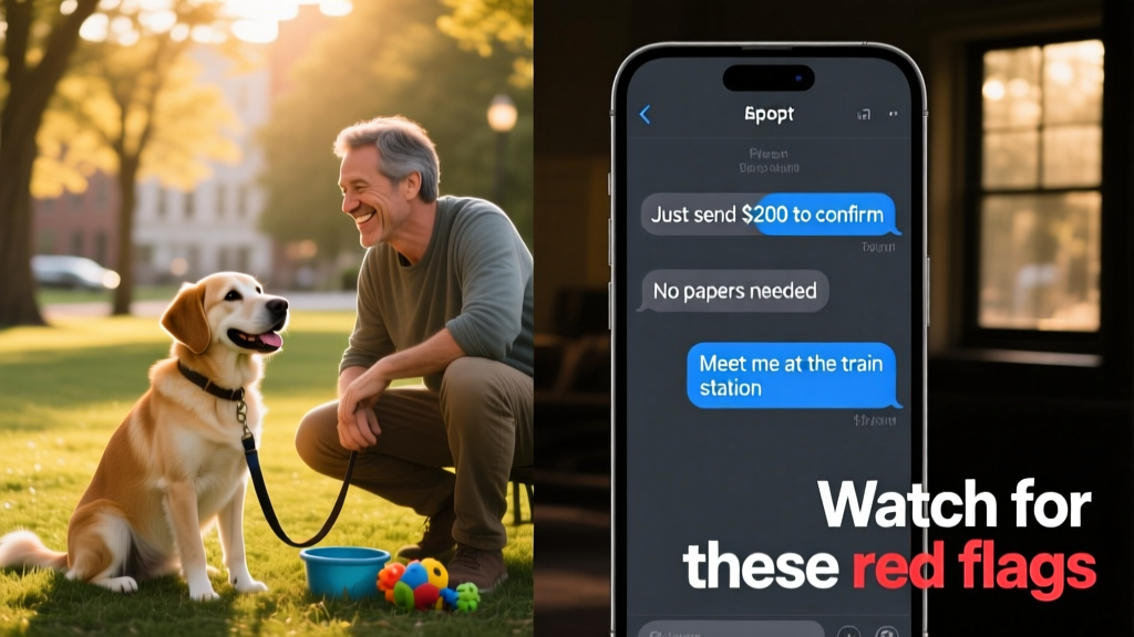 Side-by-side comparison: a legitimate meet-and-greet at a park vs. a suspicious text conversation on a phone screen