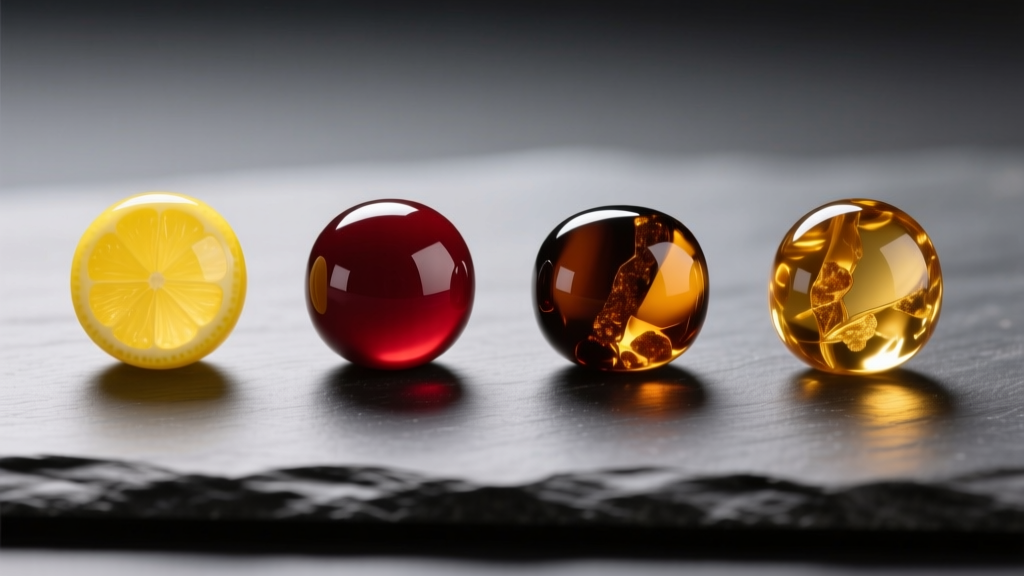 Polished Baltic amber beads in lemon, cherry, cognac, and butter colors, arranged on a dark slate surface for comparison.