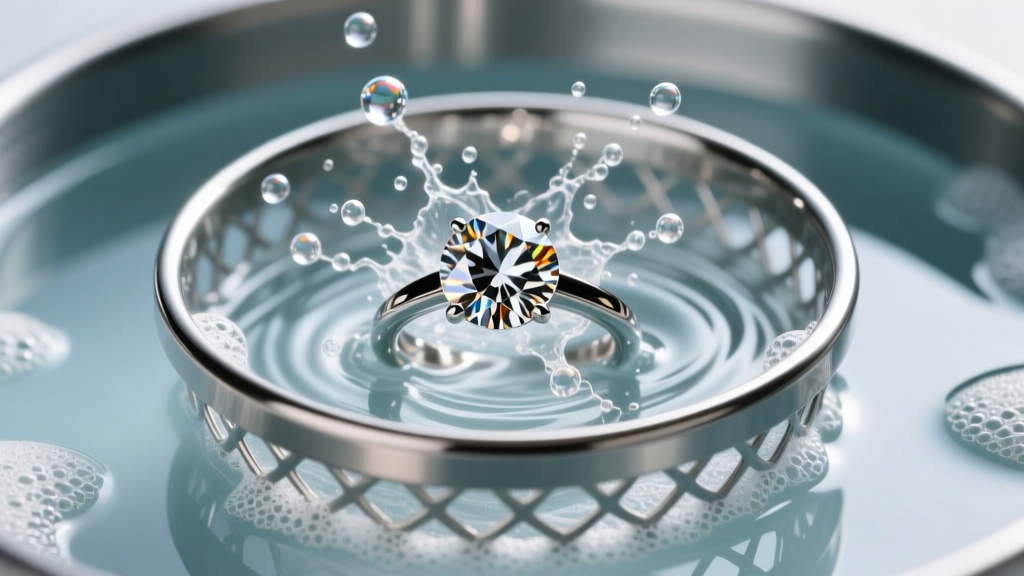 Steel ultrasonic basket submerged in soapy water, showing tiny cavitation bubbles forming around a brilliant round diamond ring.