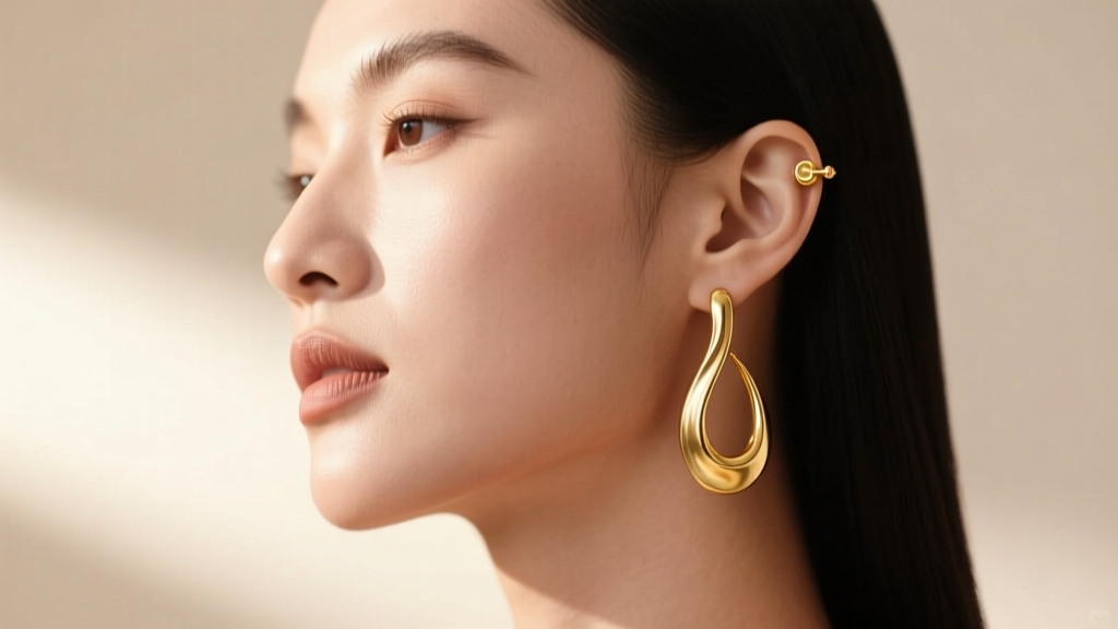Side profile of a model with a square face shape wearing soft curved 18k gold drop earrings and a delicate forward helix stud