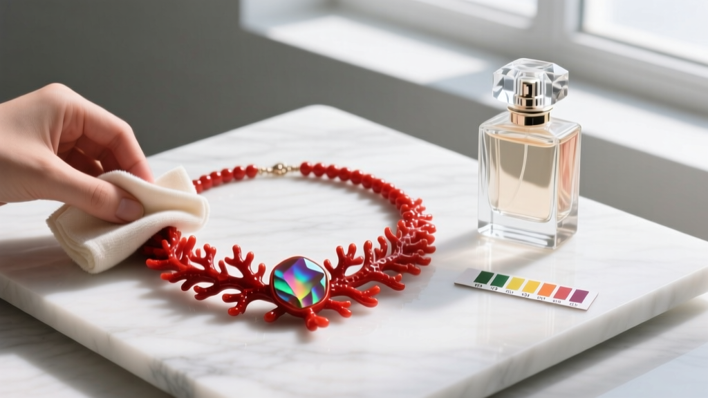 A red coral necklace being gently wiped with a soft microfiber cloth, placed next to a bottle of perfume and a pH testing strip.