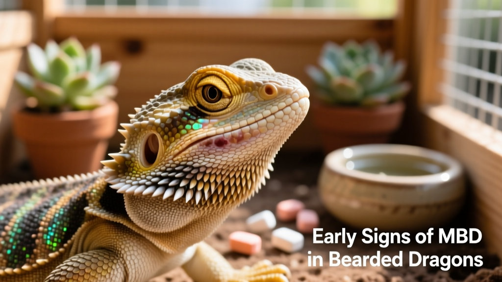 Close-up of a bearded dragon with visibly soft, misshapen jaw—classic early sign of MBD