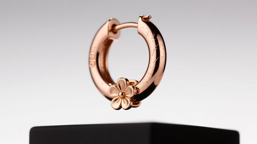 Macro shot of a 10k rose gold huggie hoop earring with a small floral charm, highlighting the metal texture and clasp mechanism.