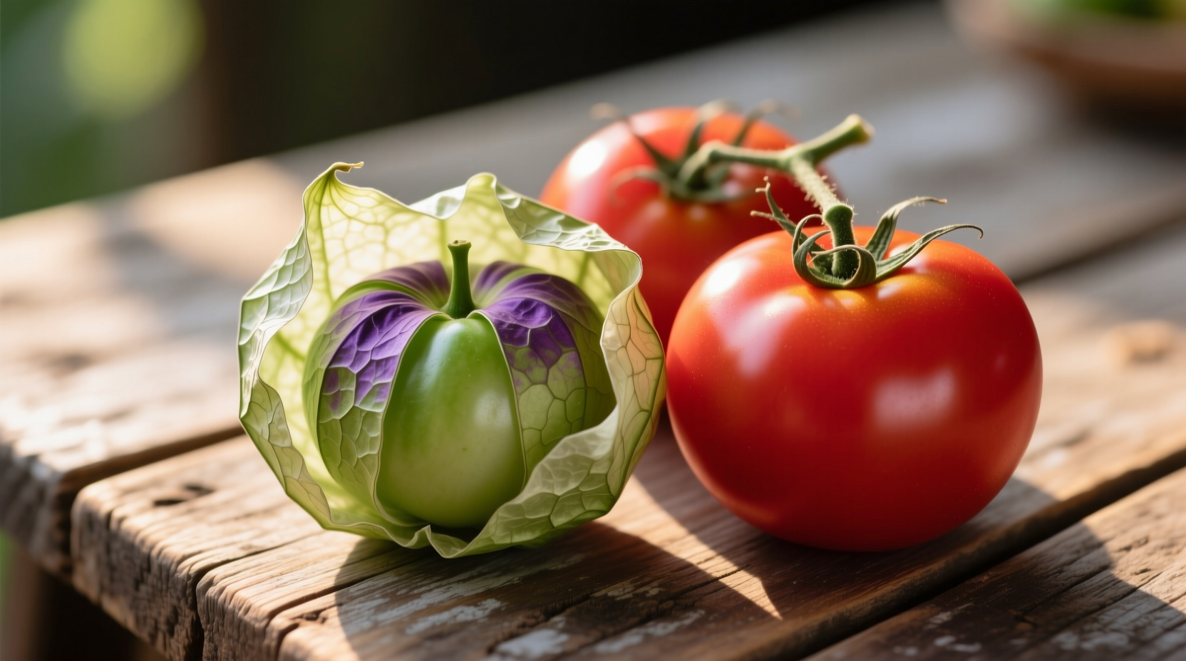 Fresh tomatillos in their husks next to ripe tomatoes