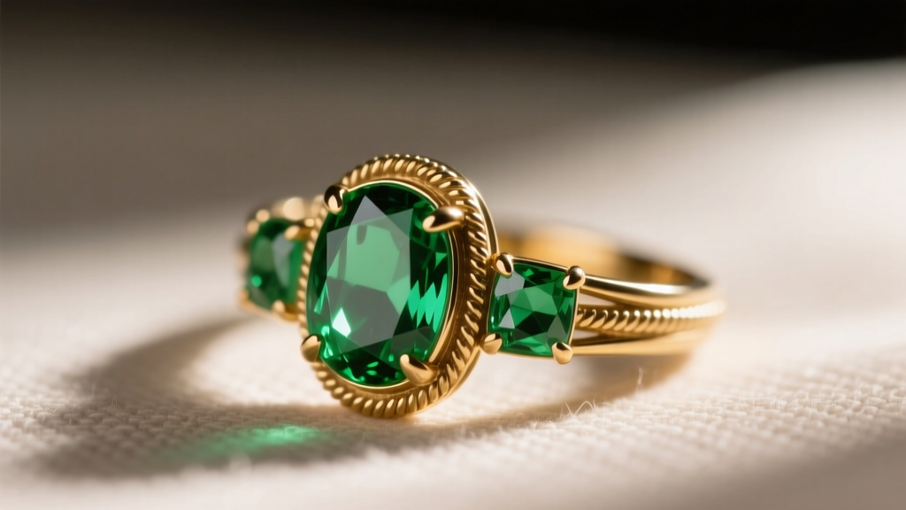 Macro shot of vintage-inspired brass cocktail ring with prong-set emerald-green glass stones and intricate milgrain metal detail.