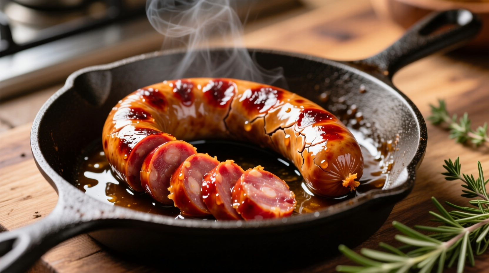 Perfectly cooked chorizo in skillet with golden rendered fat
