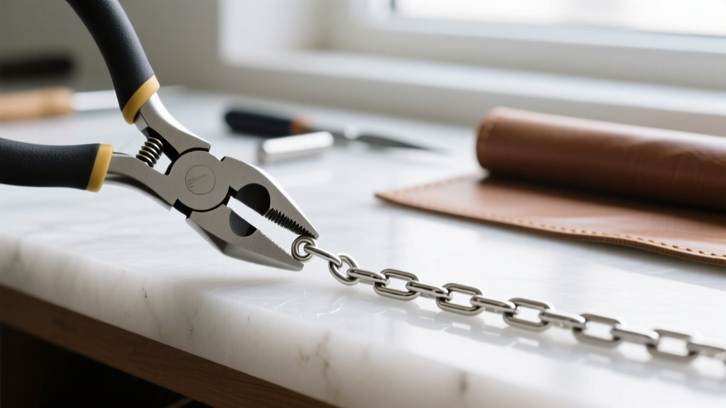 Nylon-jawed pliers gently realigning a distorted, stretched link on a wide silver chino necklace on a clean jewelry workbench.