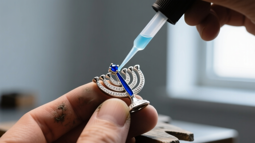 Macro shot of a bench jeweler applying clear UV resin to secure a loose blue enamel accent on a silver menorah necklace pendant