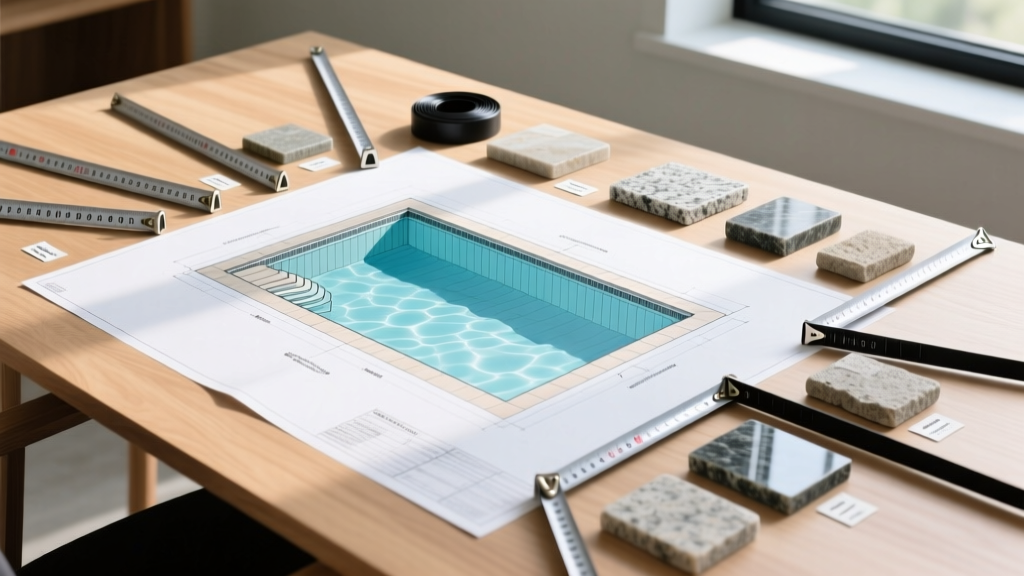 Architectural blueprint of a rectangular pool with depth contours, surrounded by measuring tapes and stone coping samples on a wooden desk