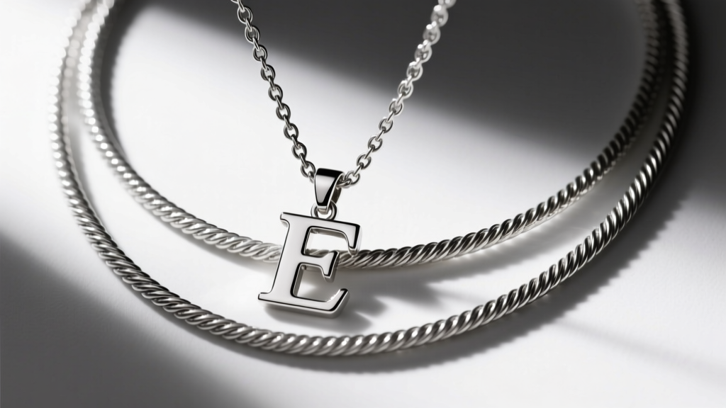 Close-up of a layered stack with a silver initial pendant on an oxidized chain resting against a bright platinum cable chain.