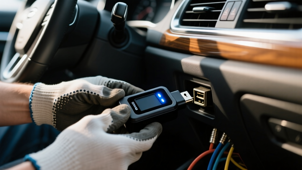 Close-up of a mechanic plugging compact black Bluetooth OBD2 scanner into diagnostic port under steering wheel of a sedan