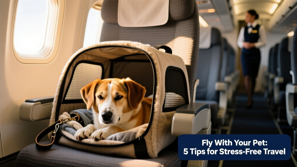 A calm dog resting in a soft-sided carrier under an airplane seat