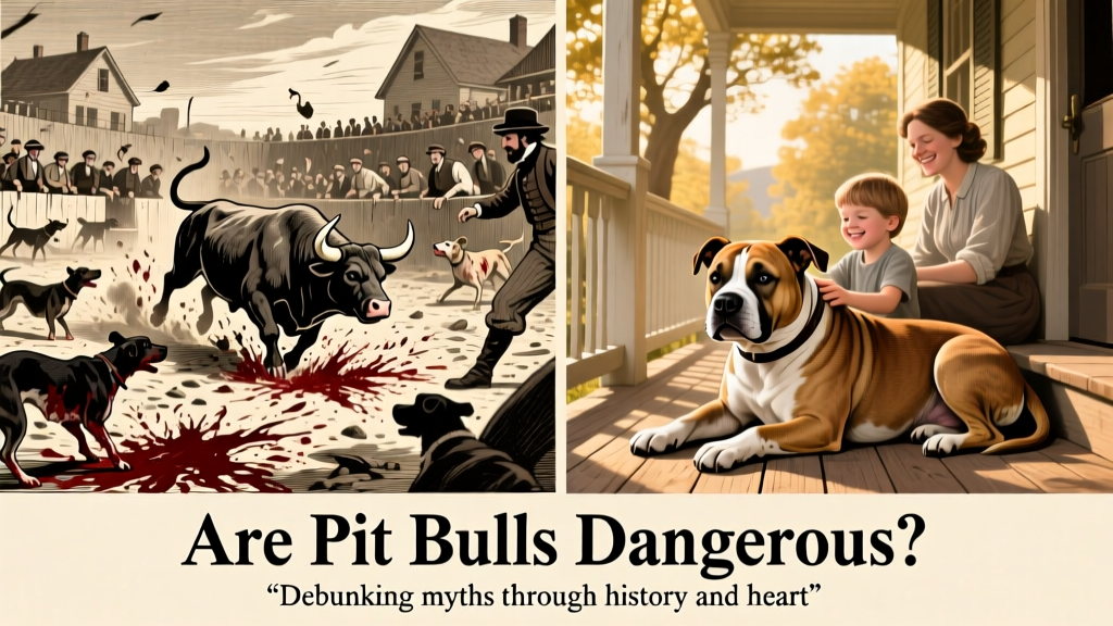 Historical illustration showing early 19th-century bull-baiting, contrasted with a modern, well-cared-for Pit Bull resting peacefully beside a family