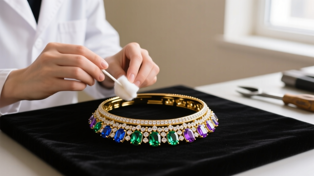 Jeweler using a cotton swab to carefully clean a rhinestone-encrusted gold-plated statement collar necklace on a workbench.