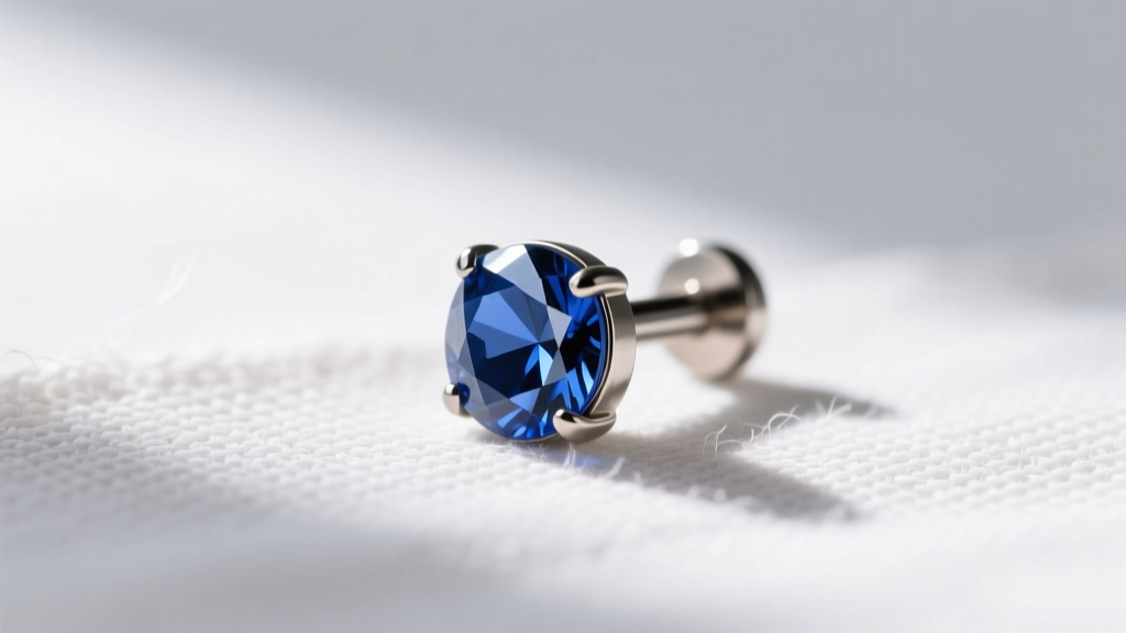 Macro shot of a 20-gauge titanium flat-back labret stud with a bezel-set blue sapphire, resting on textured white linen cloth.
