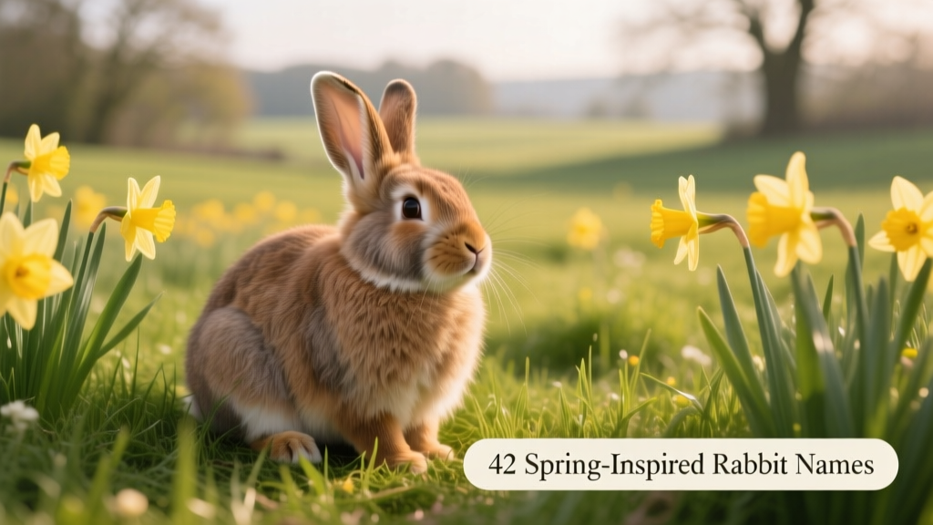 A fluffy brown rabbit sitting among blooming daffodils and soft green grass
