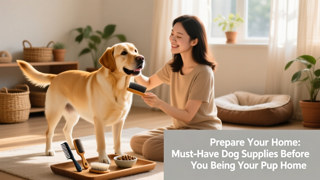 A person gently brushing a calm, smiling Labrador while holding grooming tools nearby