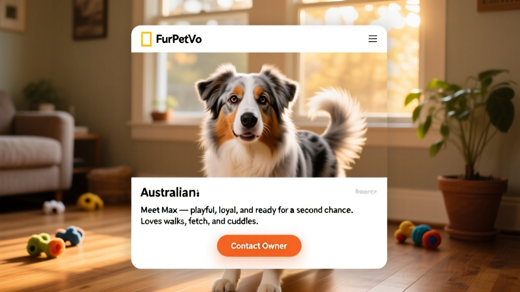 Screenshot-style image showing a warm, well-lit FurPetVo profile page for an Australian Shepherd, with clear photo, friendly bio text, and 'Contact Owner' button