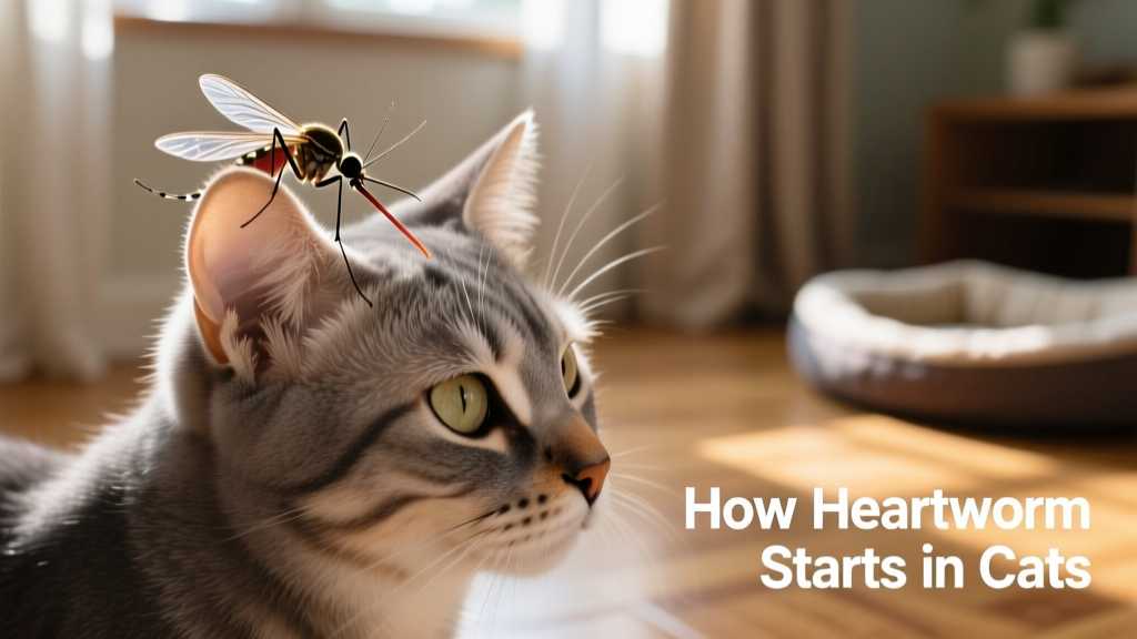 Close-up of a mosquito on a cat's ear, illustrating how heartworm transmission begins