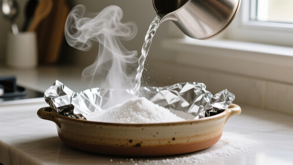 Action shot of boiling water being poured into a ceramic dish lined with aluminum foil and baking soda, with steam rising gently