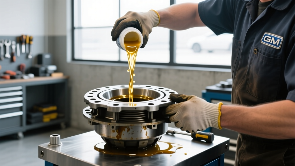 Mechanic pouring limited slip friction modifier additive into the fill hole of a GM 10-bolt differential during a fluid service