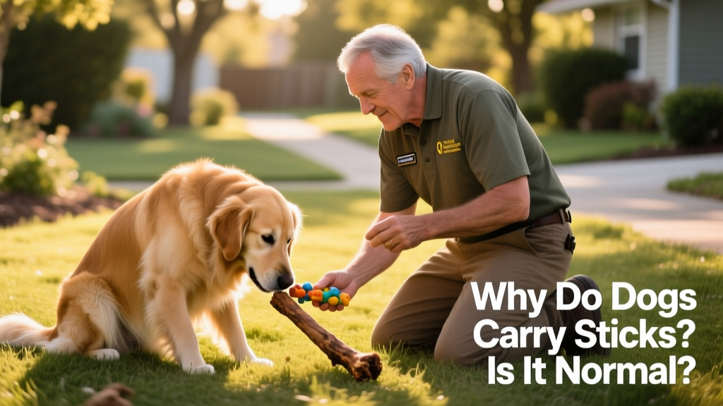 A trainer kneeling beside a relaxed dog, offering a chew toy while the dog drops a stick willingly