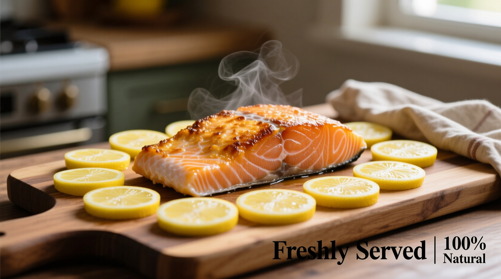 Perfectly cooked frozen salmon fillet with lemon slices